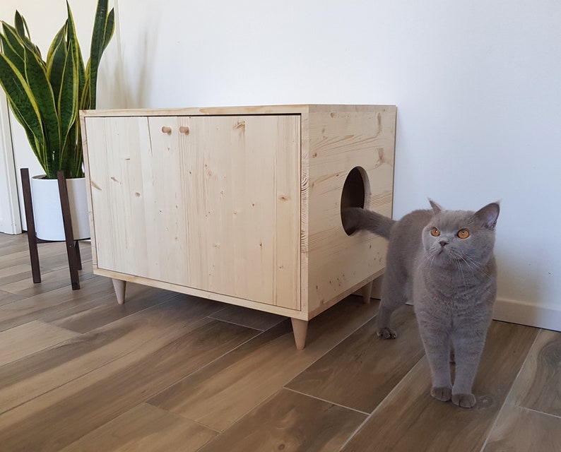 Gabinete de caja de arena moderno de mediados de siglo con apertura de puerta doble y entrada lateral, gabinete de caja de arena para gatos, muebles para gatos imagen 3