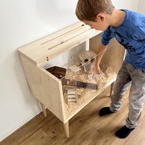 Pode incluir: Um recinto retangular de madeira clara para pequenos animais com um painel frontal transparente, uma tampa superior articulada com ranhuras de ventilação e quatro pernas cónicas. O interior contém aparas de madeira, uma casinha e rampas.