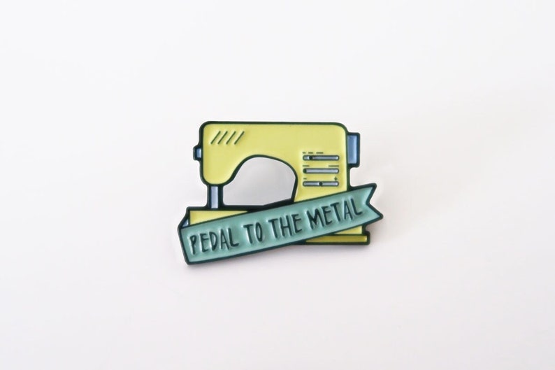 Pedal to the metal Enamel lapel pin Sewing machine badge image 1