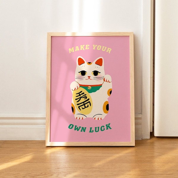 Maak je eigen geluk muurprint | Digitale downloadprint, Maneki Neko, motiverende wanddecoratie, affirmaties, Japanse gelukskat