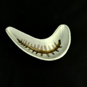 Puede incluir: Plato de cerámica blanca en forma de boomerang con un diseño pintado de helecho marrón y blanco.