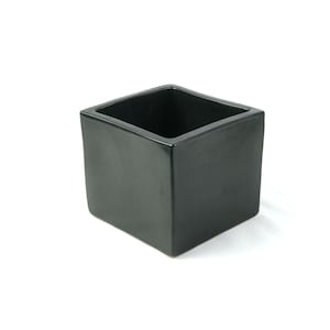 Peut inclure: Un pot de fleurs carré noir mat avec un centre creux et des bords lisses et nets. Le récipient présente une finition sombre, unie et uniforme sur tous les côtés extérieurs visibles, formant un cube géométrique simple avec un dessus ouvert.
