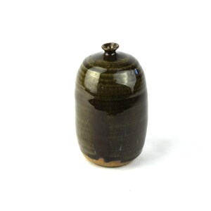 May include: A dark green ceramic vase with a rounded body and a small opening at the top. The vase has a glossy finish and a subtle brown glaze.
