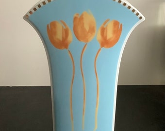 Rosenthal Studio-Linie beautiful rare vase with tulips on a light blue background with gold. New and unused. 32 cm high. New and unused