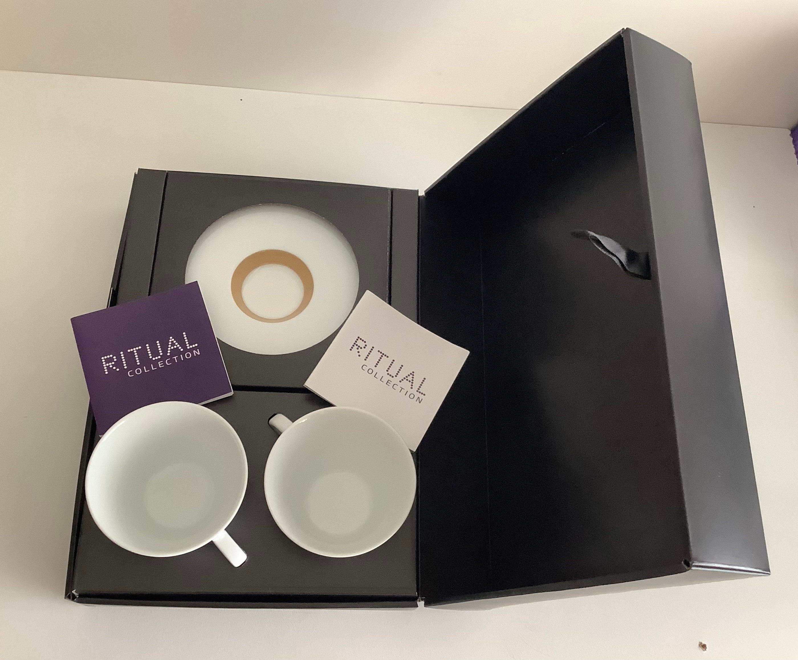 Very Rare Original Box of Nespresso Ritual Set of 2 Porcelain Cappuccino  Cups With Saucers, Andree Putman Design Ritual. New and Unused. 