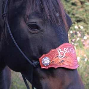 May include: A black horse wearing a red leather noseband with the word "BREEZE" embossed on it. The noseband has a decorative floral design and a rhinestone embellishment. The horse is wearing a black rope halter with a silver clip.