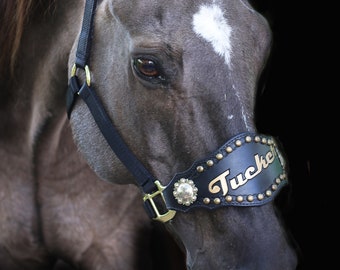 Slanted Text Bronc Halter Noseband - Personalized Leather Horse Tack