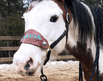 Floral Tooled Leather Bronc Noseband - Custom Nylon Halter