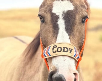 Chevron Bronc Noseband: Hand Tooled Leather Halter with Yacht Rope