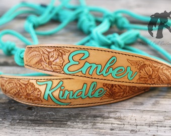 Floral Tooled Skinny Bronc Noseband with Rope Halter - Personalized Horse Tack for Trail, Training, Western and More.