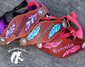 Hand-Tooled Leather Horse Halter: Feather Design Bronc Noseband