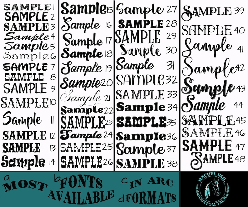 Pu&ograve; includere: Uno sfondo bianco con testo nero che mostra 48 diversi esempi di font. Il testo recita "MOST FONTS AVAILABLE" e "CIN ARC FORMATS".