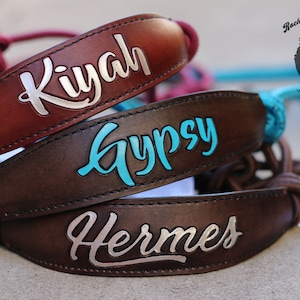 Pu&ograve; includere: Tre cavezze in pelle per cavalli con estremit&agrave; di corda di diversi colori e nomi personalizzati: Kiyah, Gypsy e Hermes.