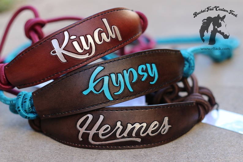 Pu&ograve; includere: Tre cavezze in pelle per cavalli con estremit&agrave; di corda di diversi colori e nomi personalizzati: Kiyah, Gypsy e Hermes.