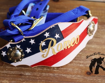 Patriotic Flag Bronc Halter: Personalized Leather Noseband