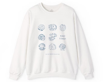 Sudadera de cuello redondo con conchas de la Costa Este para adultos, estilo playero, con estampado costero, top náutico y diseño de conchas.