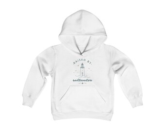 Youth Hooded Sweatshirt Raised By Saltwater Minot Light Beach Summer Light House Salt Water Gift For Kid Salty Beach Shirt Scituate Seagull