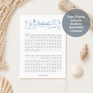 May include: A white tide chart for June and July 2026, featuring nautical illustrations in blue. The chart includes the text "Scituate" and "Saltwaters". Decorative seashells and a piece of driftwood are in the background.