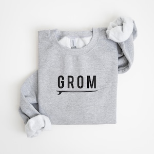 Kids Surfing Crewneck Sweatshirt, Grom Youth Surfer Gift, Beach Wave Child Sweatshirt, Surfer Boy Girl Sweater, Kids Surfboard Waves Jumper