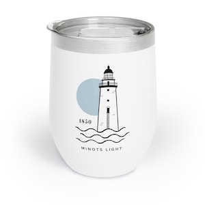 May include: White stainless steel tumbler with a black and white illustration of a lighthouse with the text "1850 MINOTS LIGHT" on the front.