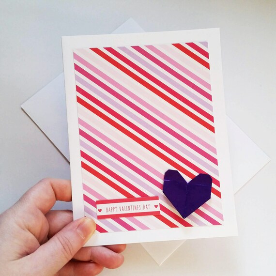 Striped Valentines Day Card Origami Heart Card 5x7 Simple Card 3d Heart Handmade Valentine Love Card Purple Valentines Day