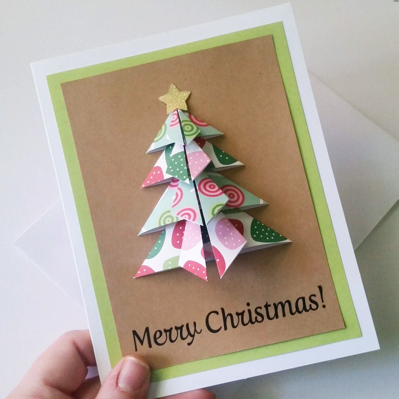 Jolly Christmas Tree Card Set 5 Christmas Cards 3d Origami Trees Merry Christmas Blank Cards Free Shipping Ready To Ship 5x7