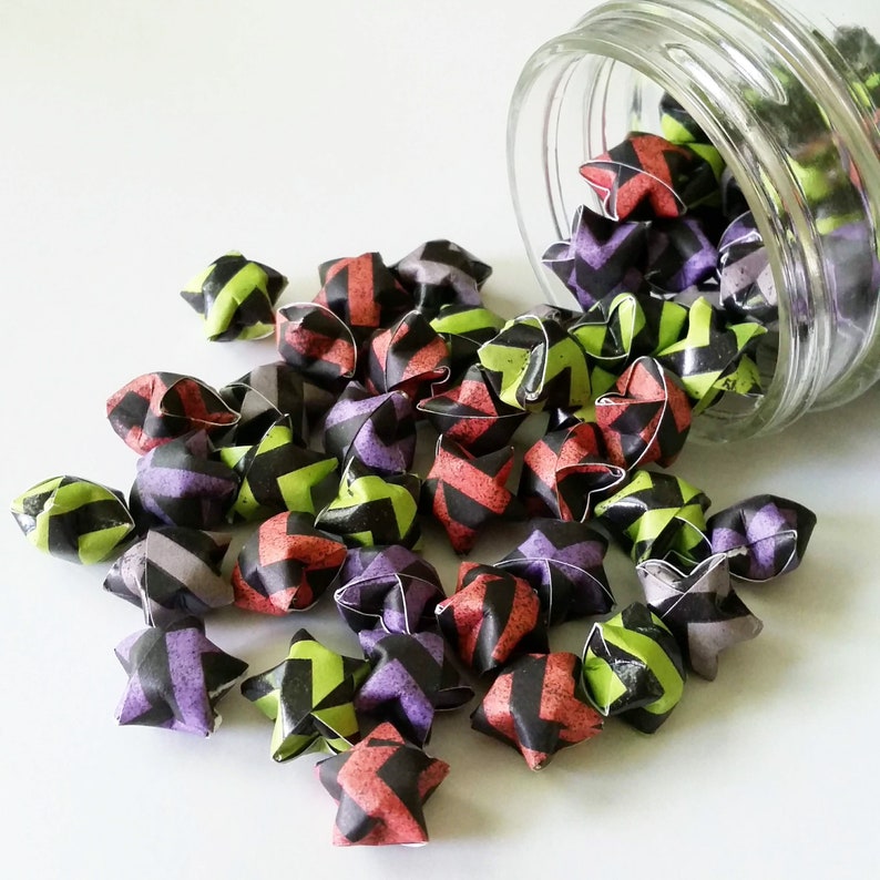 Mini Star Decorations Chevron Stripe Folded Paper Chevron Halloween Origami Star Mix: Orange Green Purple Grey Black Halloween Mix