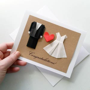 Minimalist Wedding Card: Congratulations - Origami Wedding Card - Black Suit - White Dress - Mr and Mrs - 3D Card - Free Shipping - Tracking