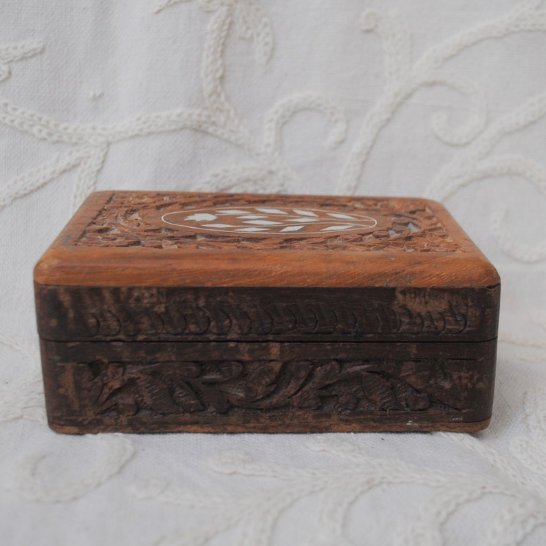 Vintage Carved Wood Box with Inlay Jewelry Box