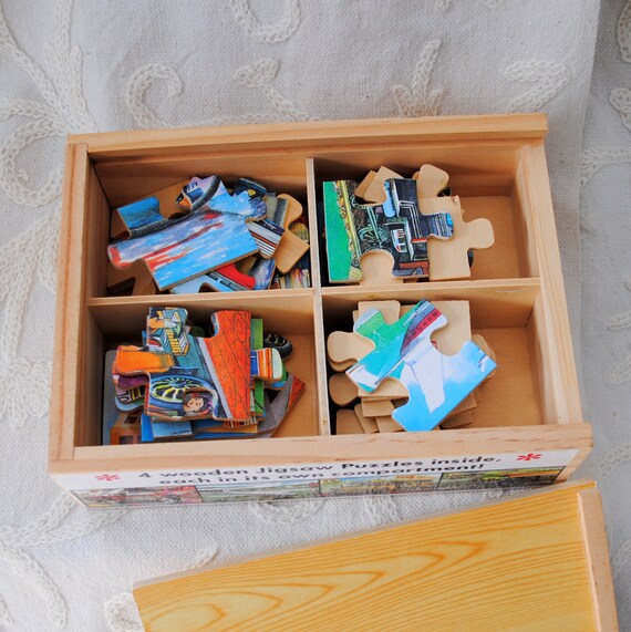 4 Vehicles Wooden Jigsaw Puzzles In Wood Divided Tray Case Etsy