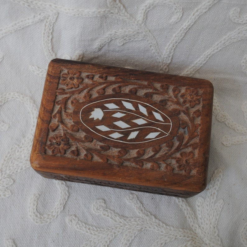 Vintage Carved Wood Box with Inlay Jewelry Box