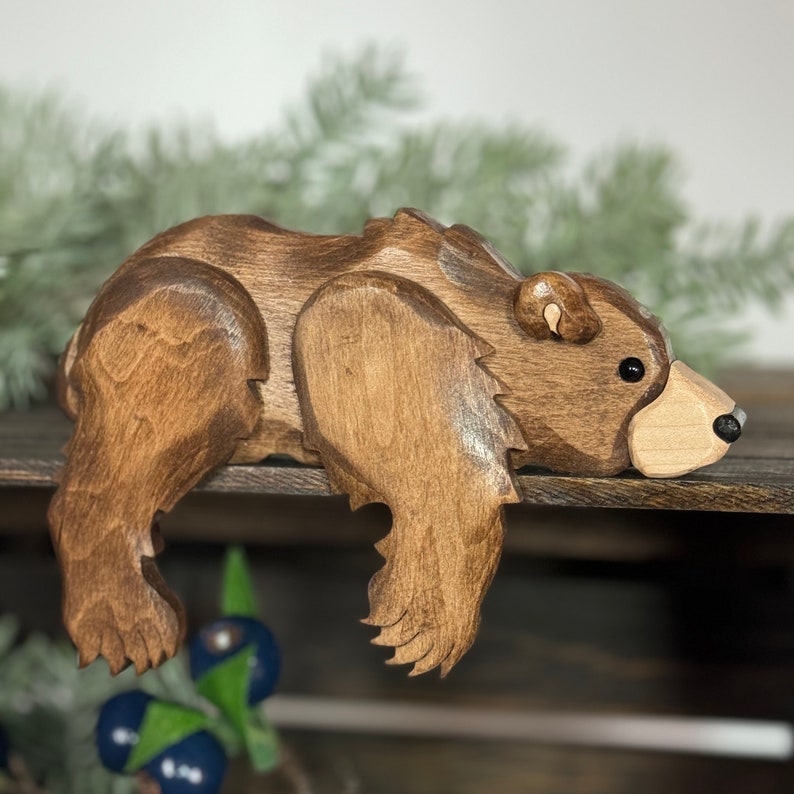 Handcrafted Wooden Bear Shelf Sitter | Rustic Cabin, Woodland Nursery Decor Brown