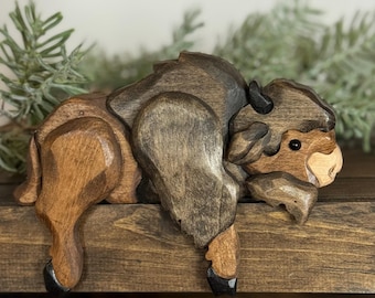 Wooden Bison Shelf Sitter | Rustic Cabin Decor | Western Home Decor | Buffalo Decor Accent | Lodge Style Shelf Decor | Handmade Montana Gift