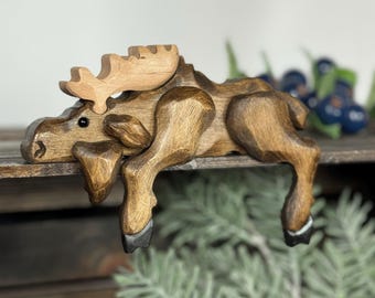 Handcrafted Wooden Moose Shelf Sitter | Rustic Cabin Lodge Decor, Montana Made