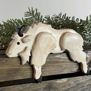 Carved Wooden Mountain Goat Shelf Decoration, Glacier Park Art