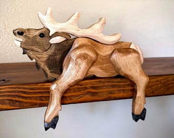 Handmade Wooden Elk Shelf Sitter – Rustic Cabin Decor, Elk Gift