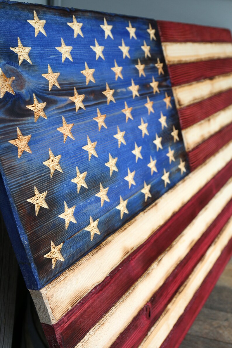 Large Wooden American Flag Carved Wooden Scorched Flag Etsy