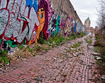 May include: A brick pathway leads to a building with graffiti on the wall. The graffiti is colorful and abstract, with a large, cartoon-like face in the foreground. The building is made of concrete and has a weathered appearance.