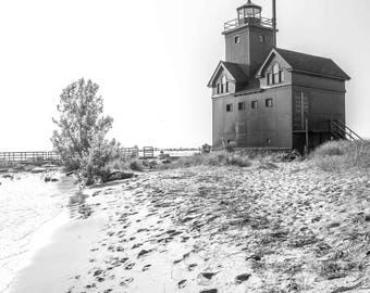 Big Red Lighthouse In Holland Michigan View #2 Black and White Photograph Print 12 x 18