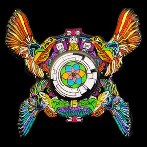 May include: A colorful pin with a circular design featuring a flower with a white background and a black outline. The pin is surrounded by two hummingbirds with iridescent wings and a black background. The text "sonic 16 bloom" is printed on the bottom of the pin.