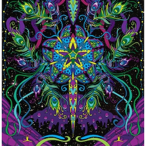 Può includere: Un poster psichedelico per il concerto dei The String Cheese Incident all'anfiteatro Red Rocks nel luglio 2016. Il poster presenta un design colorato e intricato con una medusa, piume di pavone e farfalle.