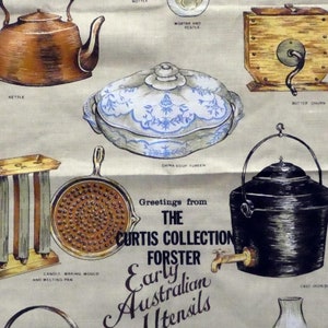 Early Australian Utensils linen/cotton tea towel, souvenir tea towel from The Curtis Collection, Forster