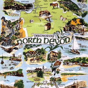 Vintage North Devon Map Tea Towel, England Souvenir