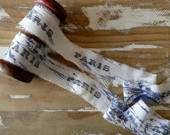 3 metres Paris toile fabric hand stamped and frayed ribbon