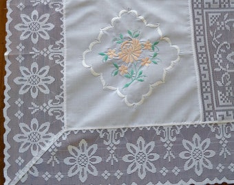 Vintage square tablecloth with embroidery and lace