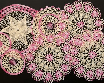 Bulk lot of 7 pink and cream crochet doilies