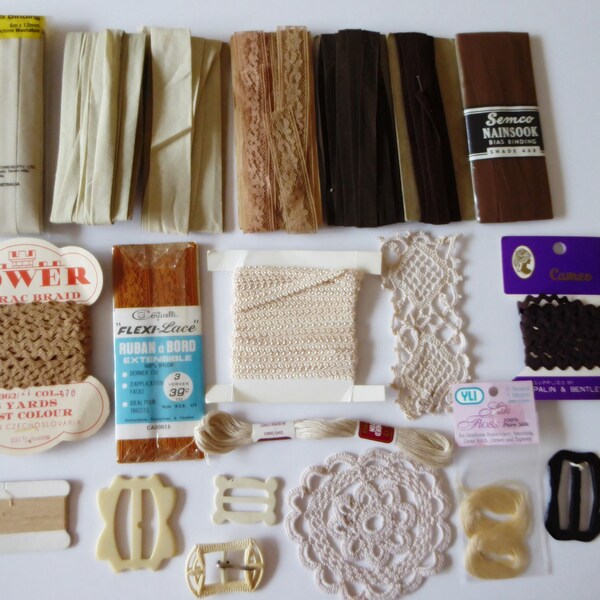 Vintage sewing pack brown tones, ric rac, bias binding, seam binding lace, buckles, destash