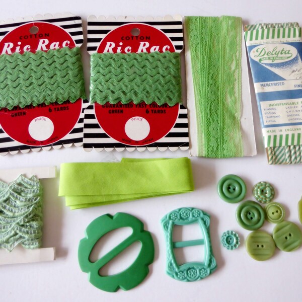 Vintage sewing pack green tones, ric rac, bias binding, seam binding lace, ribbon, buttons, buckles, destash