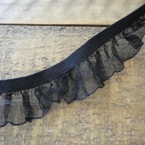May include: Black elastic trim with a ruffled edge. The trim is made of a sheer fabric and has a delicate, feminine look.