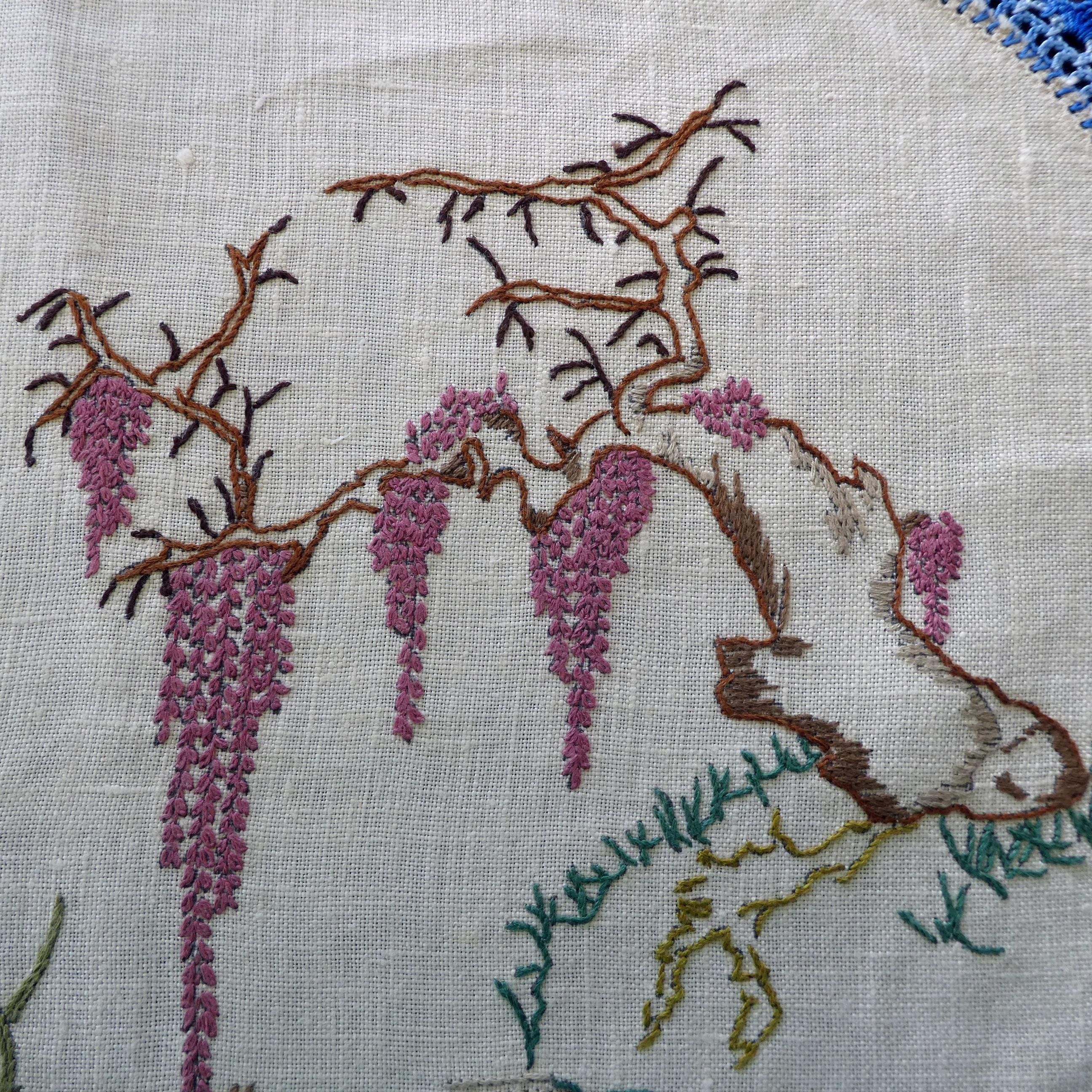 ハンドメイド アオサギ 手刺繍 手編みレース縁取り テーブルセンター